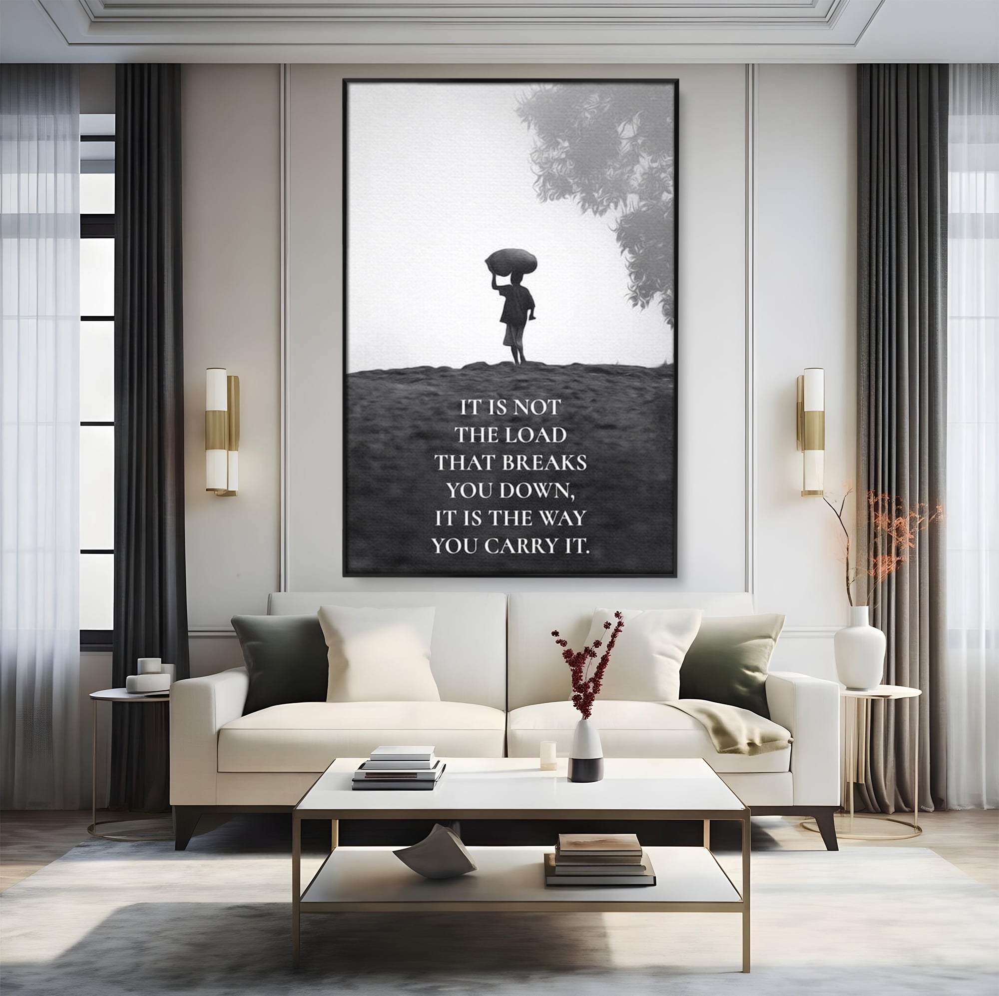 Tablou canvas cu tablou motivational cu silueta si text, in rama de aluminiu negru, pe perete intr-un living
